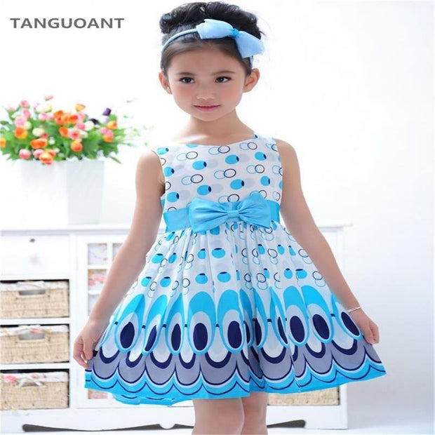 TANGUOANT Girl dress, Princess Bow Belt dress Circle Bubble Peacock print kids clothes, girl's Party dresses 2-11Y free shipping - jetlove